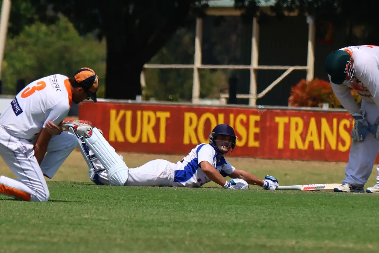 PHEW: Cam Fendyk puts in a dive to survive a run out at Myrtleford last Saturday, as Beechworth look to hang on to a slim 55 run lead tomorrow, needing four wickets to defend their total of 98. PHOTOS: Janet Watt