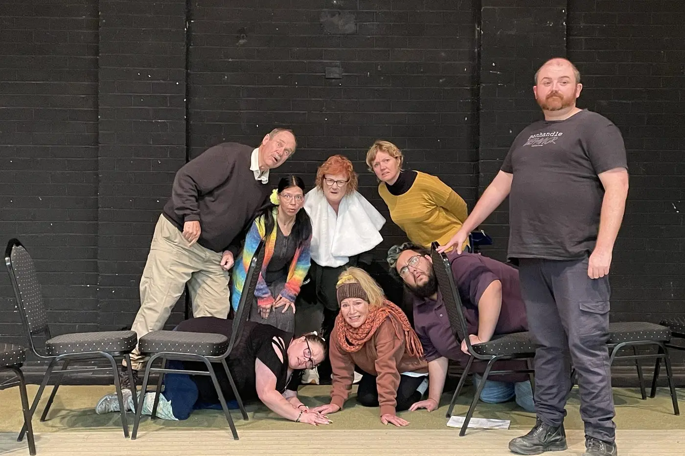 COMEDY FUN. Some of the BTC performers Lyndal Perry (bottom left), Peter Lawrence, Jess Grant, Kath Buckingham, Alex Nelson, Joe Moran, Josh Sandford, Karin Michelini at a recent rehearsal.
