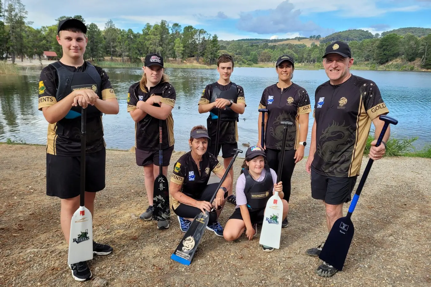 TEAM SPIRIT: Some of the team members from Beechworth Dragon Boat Club  \\'Golden Serpents\\' Tyson Cox (left), Jaxson McClellan, Diane Edmondson, Dorian Ellis, sister Heidi and parents, Michelle and Kyran who experienced the thrill of competition at Melbourne\\'s Lunar New Year Regatta Festival. PHOTO: Coral Cooksley  Id:21200