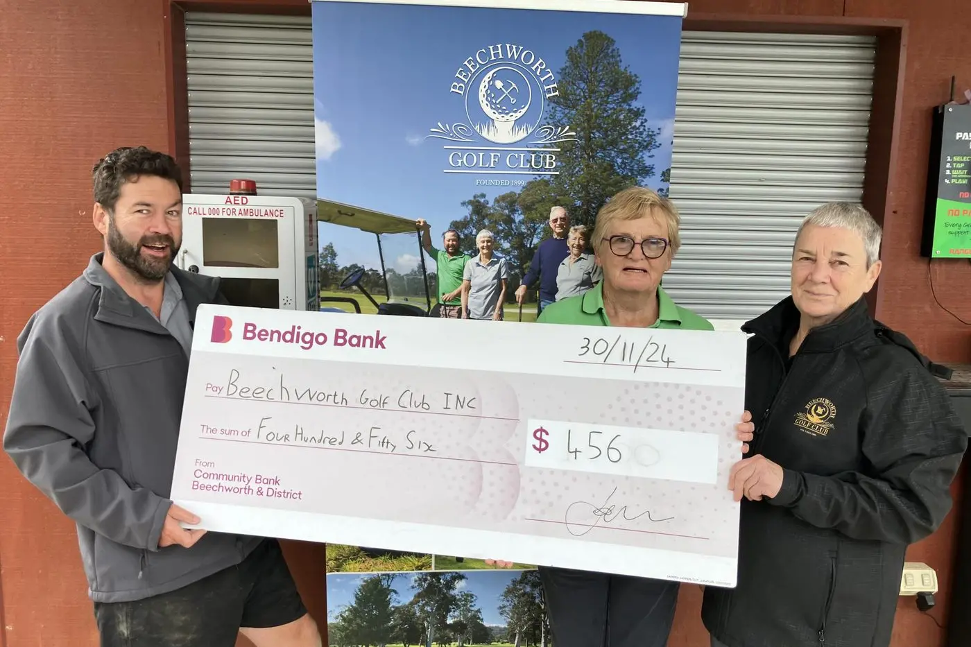 SPARKING HOPE: Ben Merritt from Beechworth Community Bank presents a cheque to fund the replacement of batteries and pads for the defibrillator at the Beechworth Golf Club, with members Doyna Collins and Gail Smith accepting the funds.