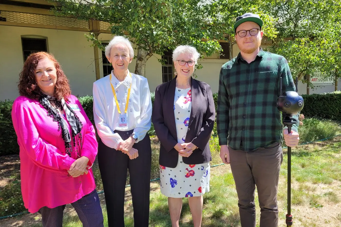 RESEARCHED: Southern Cross University\\'s Dr Alison Watts (left), Albury\\u2013based CSU Adjunct Professor Eileen Clark and Associate Professor Jennifer Munday with Wagga\\u2013based CSU lecturer in creative industries and technical speciaist Tim Crutchet holding the 360 degree camera at the virtual tour website launch held at Mayday Hills last week. PHOTO: Coral Cooksley Id:21838