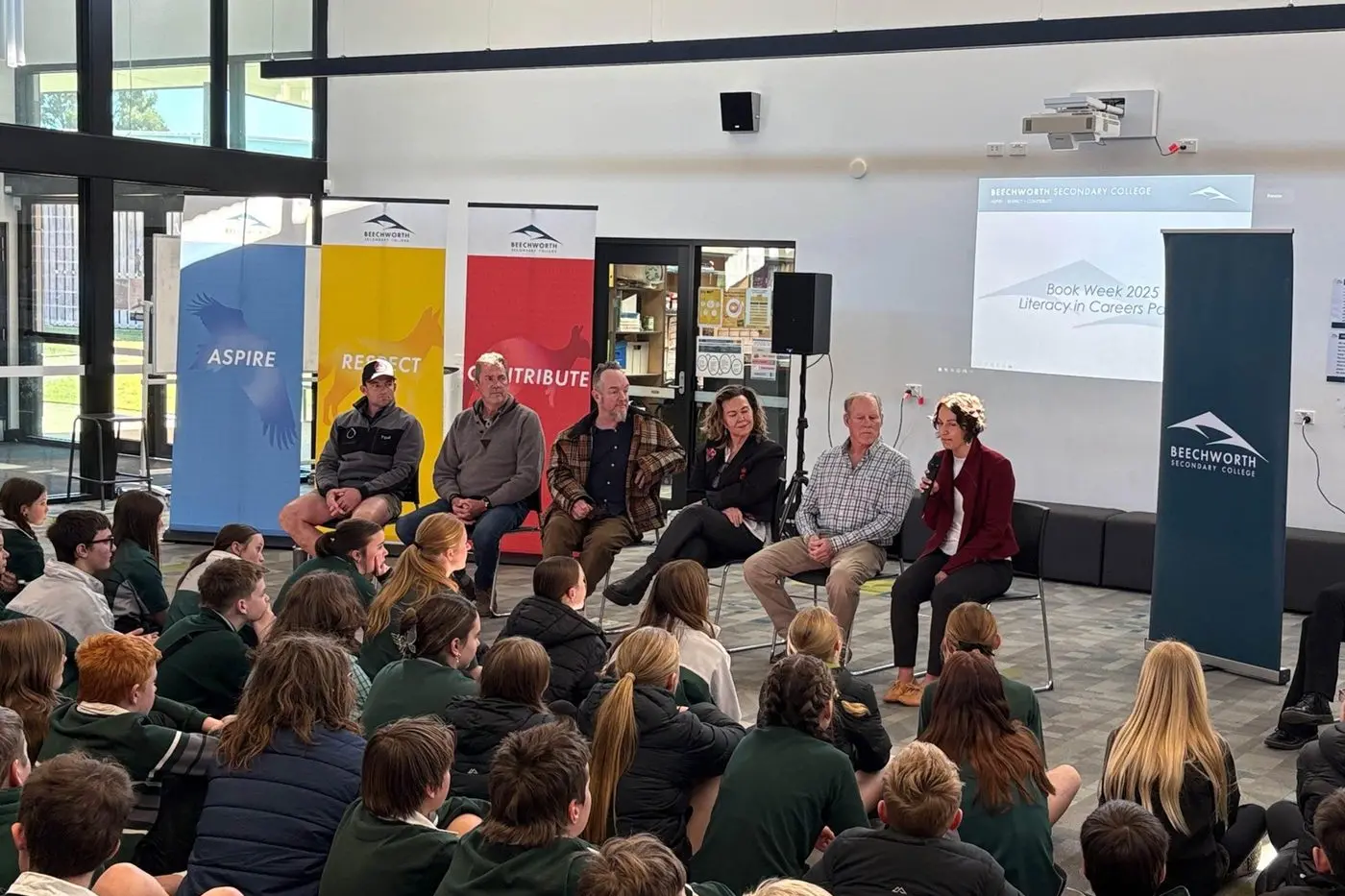 ALL EARS: Beechworth Secondary College students with local professionals Tom Cartledge (left), Peter Horobin, Adrian Osborne, Sally Wright, Tom Young and Dr Christie Rodda at last Friday\\u2019s event. PHOTO: Patricia Broom