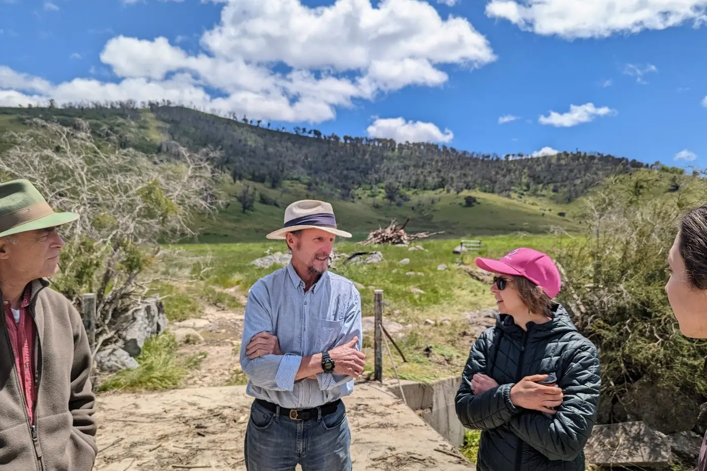 SITE TOUR: (from left) Participant David Thorpe, guest speaker and host Tony Jarvis, participants Eilidh Grigg and Jess Houghton on a site tour.