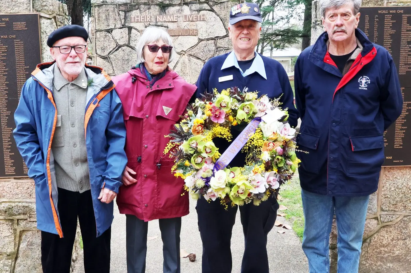 REMEMBERED: Beechworth RSL Sub Branch members John Hennessy (left), Marj Dixon, John Eldrid and Colin Trinnick laid a wreath on behalf of the RSL branch to mark the 80th anniversary of Victory in the Pacific Day and the official end of World War II. PHOTO: Gary Coombe