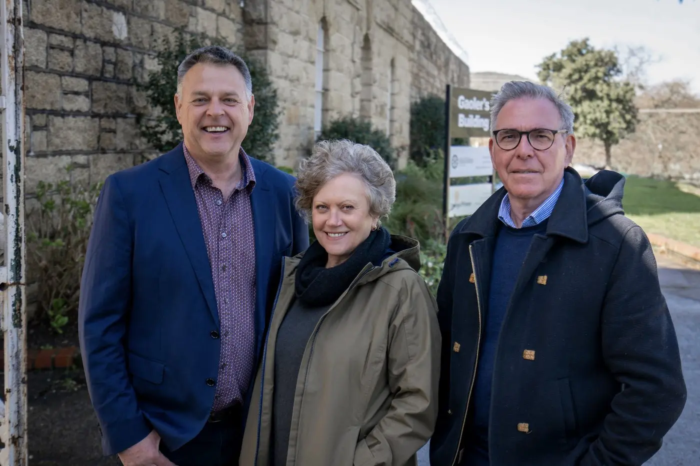 TOGETHER: Old Beechworth Gaol and ACRE chief executive Matt Pfahlert (left), Beechworth Inc chair Katrina Witherow and Beechworth History and Heritage chair Jamie Kronborg at Old Beechworth Gaol on Monday to discuss plans for the Beechworth Historic Precinct Partnership. PHOTO: Jerun Terlaak / Scout Studio.