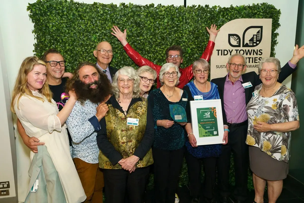 OVER-THE-MOON: Category winners at Monday\\u2019s award ceremony Kate O\\u2019Toole (left), Andrew Madden, ceremony guest Costa, Pieter Mourik, finalists Christine Luckman, Lyne Hayes, Beechworth\\u2019s committee member Iris Mannik, Scott Daintry, committee member Anne Wilson, finalist Peter Anfruns and Libby Mourik. PHOTO: MJ McDermott.