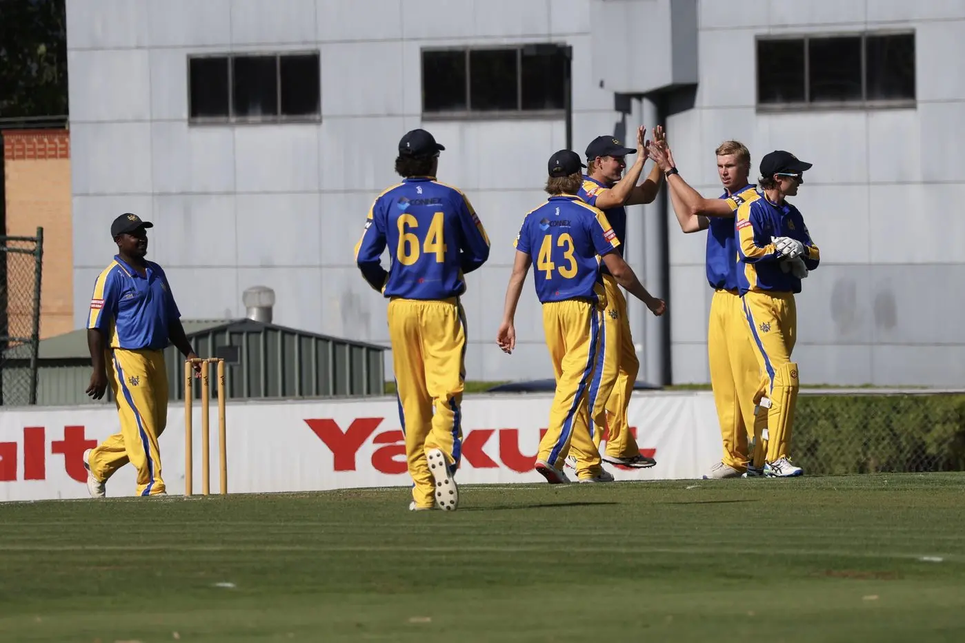 GOT HIM: WDCA players converge on Paddy McNamara after a wicket at Melbourne Country Week. PHOTO: Peter Whitten