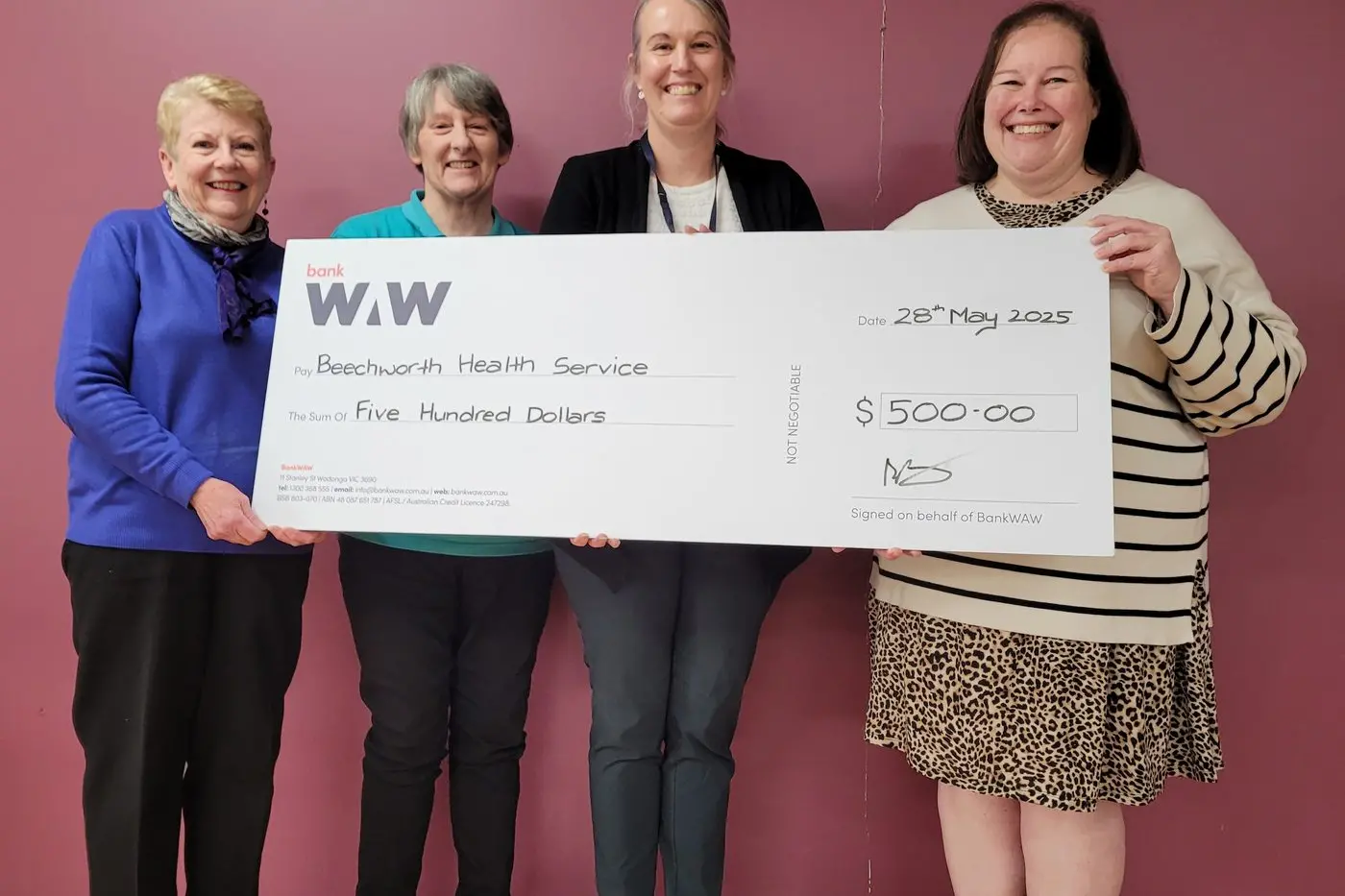 DELIGHTED: Beechworth Red Cross chair Julia Smith (left), BEAT president Helen Kenny, BHS clinical director Elizabeth Ibrom and BHS executive chair Sharon Walsh at last week\\u2019s cheque presentation held at the Senior Citizen\\u2019s Centre. PHOTO: Coral Cooksley
