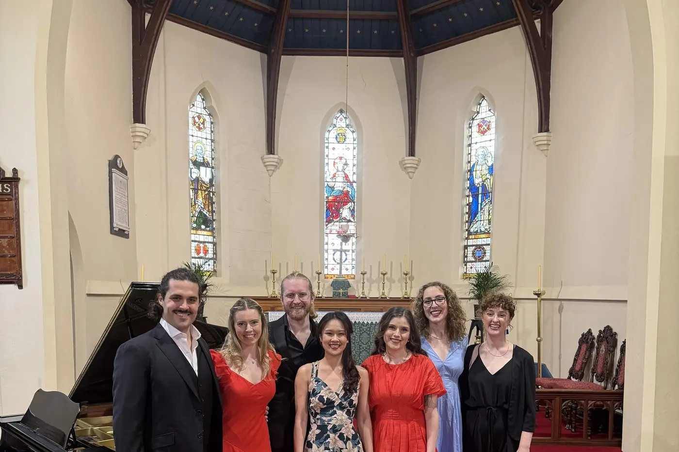 ENGAGING: Opera Scholars Australia\\u2019s young classical singers Hartley Truser (left), Chloe Taylor, James Billson, Ashley Chua, Sofia Imperatore, Genevieve Droppert and Tessa McKenna at the concert held at the Anglican Christ Church in Beechworth on Saturday.
