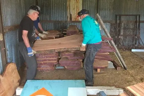 HELPING HANDS: Working part members stack slabs stored for crafting timber products.