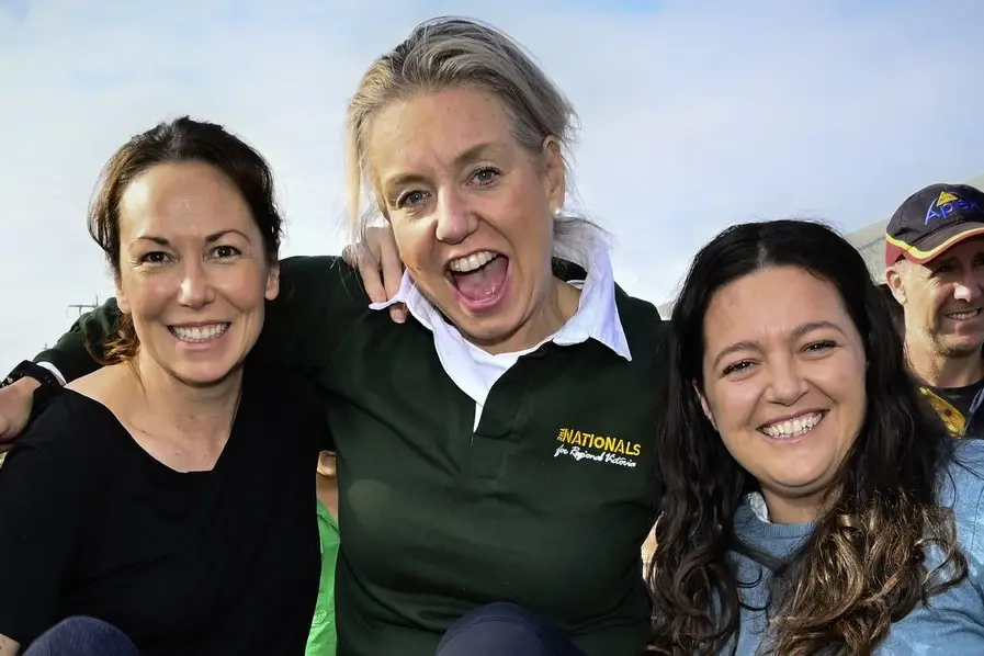 GREAT FUN: Northern Victoria MP Jaclyn Symes (left), Senator Bridget McKenzie and Indigo Shire mayor Sophie Price stomped away in this this year\\u2019s grape stomping event at the Country Fair. PHOTO: Trevor Ierino.
