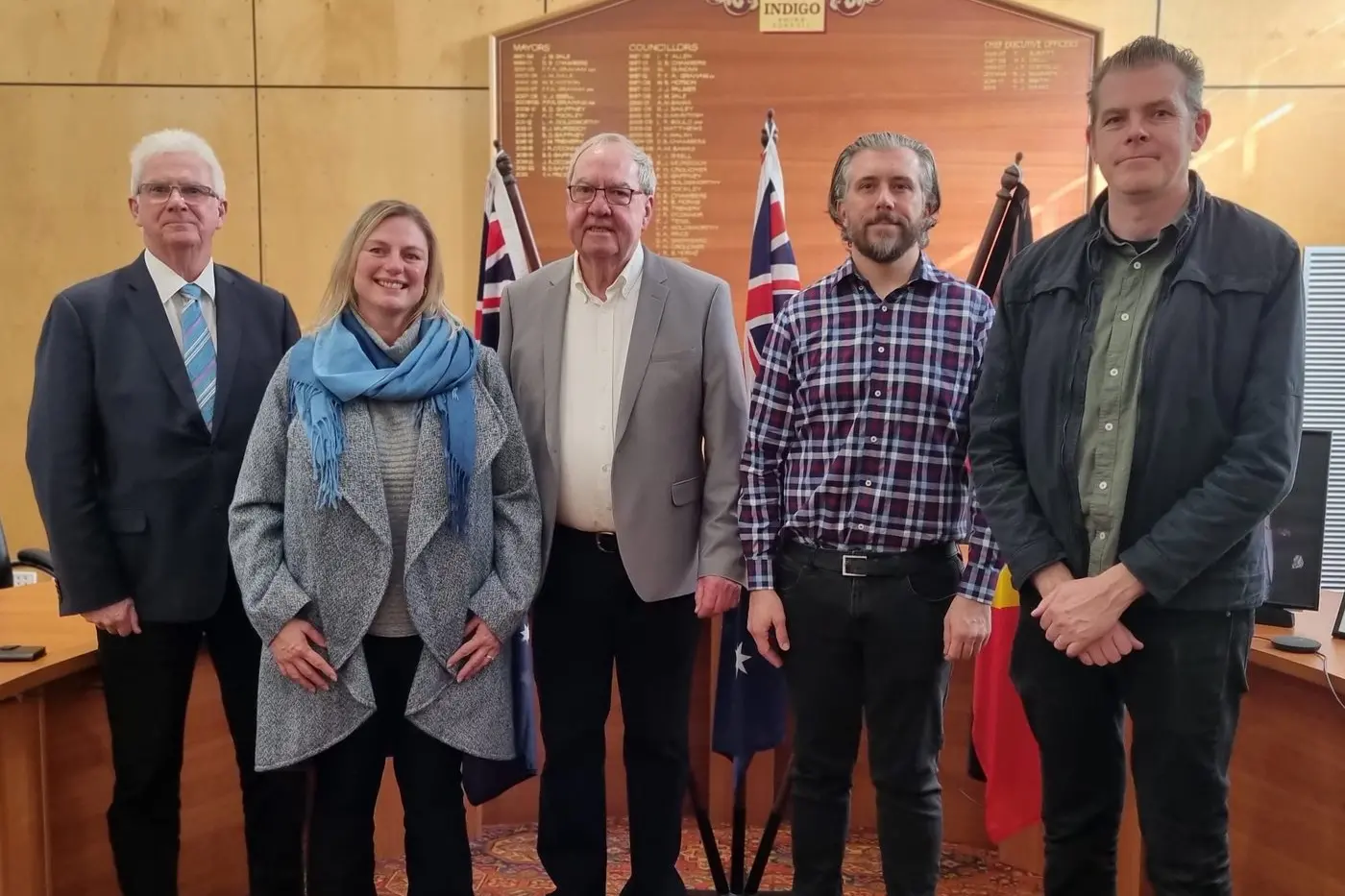 PROUD: Four out of five new Australian citizens from around the shire, including Leslie Burr (left), Leonelle Moolman, Douglas Wallen and Paul Donoghue posed with Deputy Mayor Bernard Gaffney (centre) at last week\\u2019s ceremony. PHOTO: Courtesy Indigo Shire Council.