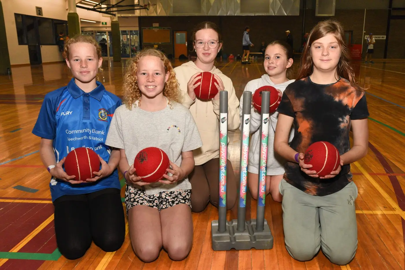 HAVING A BALL: Lexi Richardson, Bridie Burns (back), Emma and Madalyne Shallue and Kiana Fitzpatrick were among a host of juniors who enjoyed the Cricket Carnival for Girls on Wednesday at Wangaratta. PHOTOS: Kurt Hickling