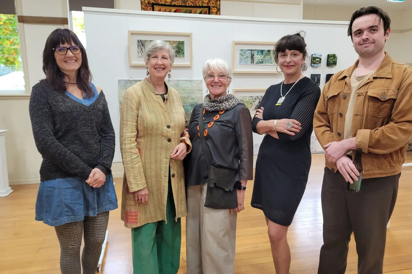 ARTISTIC: Stanley artists Leah Stephens (left), Mary-Rose Riley (and exhibition curator), Janet Sutherland, guest speaker Nina Machielse Hunt and artist Lewis Monson at the recent exhibition opening of \\u2018Round the Bends\\u2019. PHOTOS: Coral Cooksley