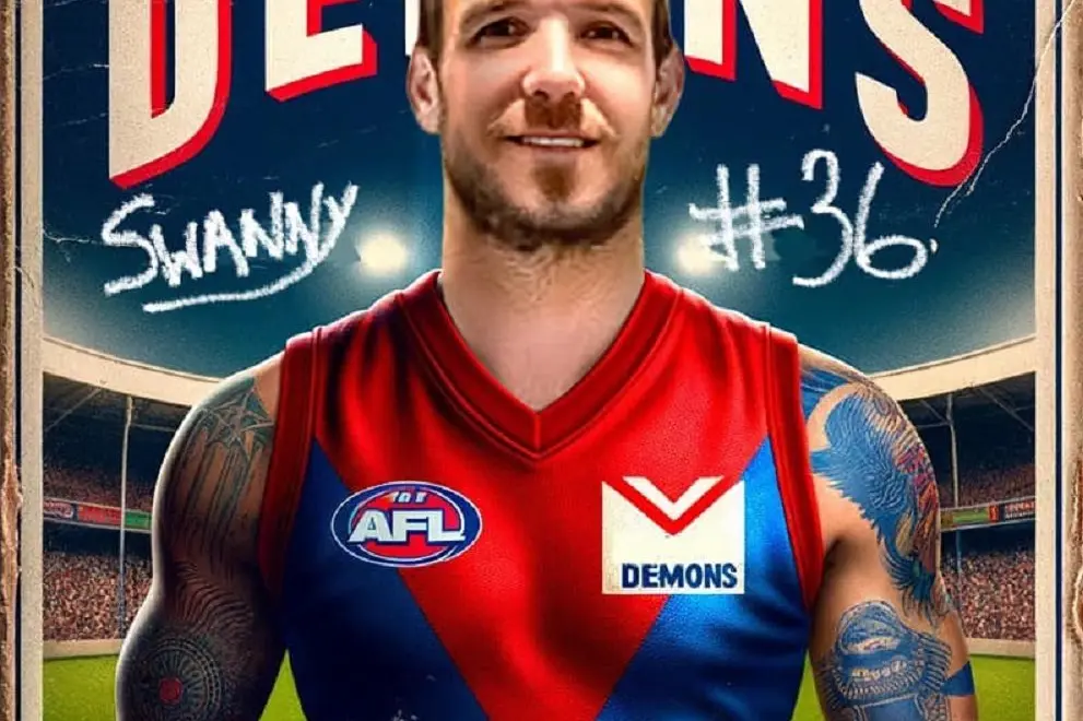 SWAN THE DEMON: A mockup posted by the Milawa Football Netball Club depicting Dane Swan in the red and blue of the Demons ahead of his round five O&K debut. PHOTO: Milawa Football Netball Club