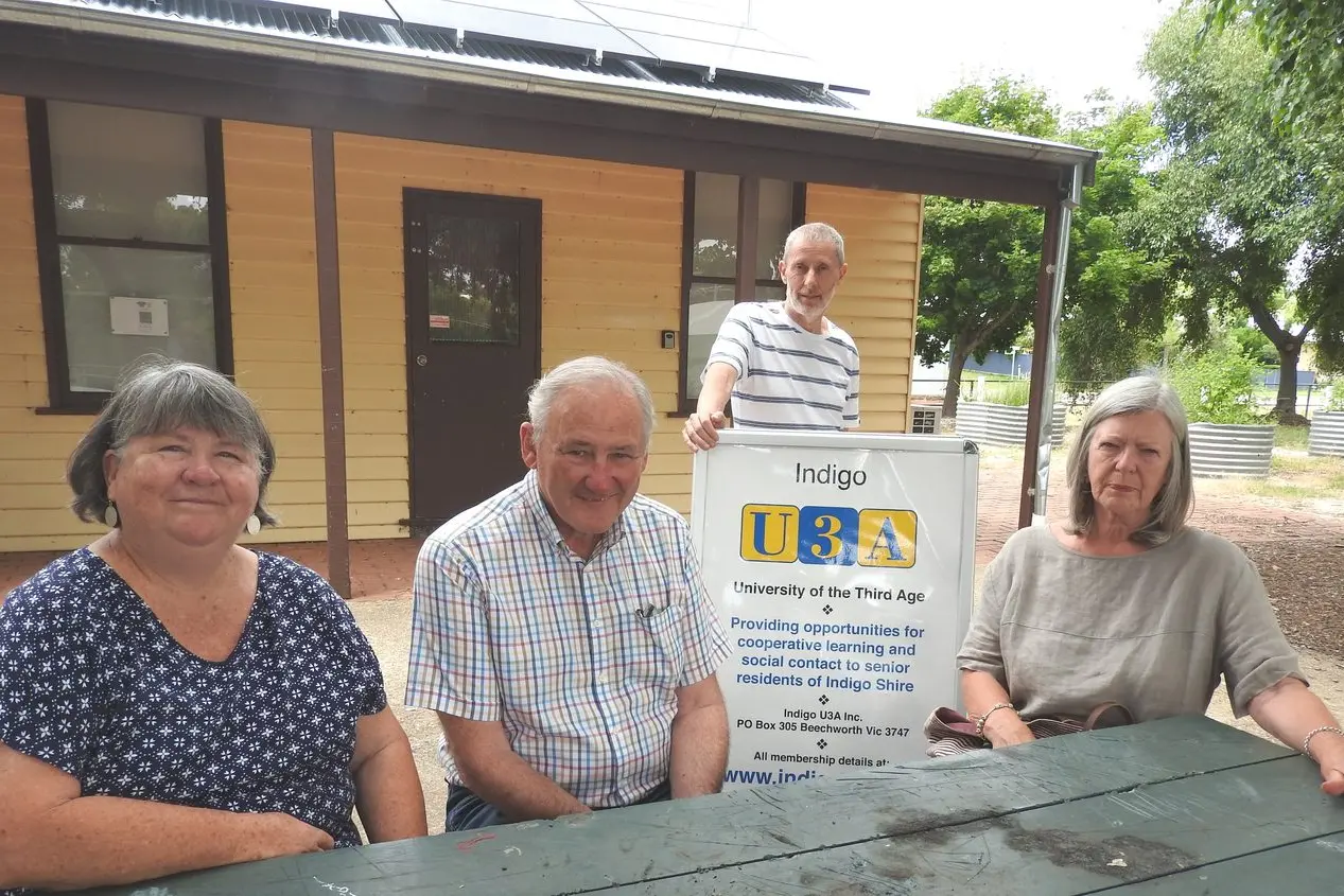 WHERE THE HEART IS: Indigo U3A members Frances Baker, Richard Maskiell, Michael Bydder and Rosemary Ryan celebrate their successful return to the old Beechworth Railway Station. PHOTO: Mark Stephens