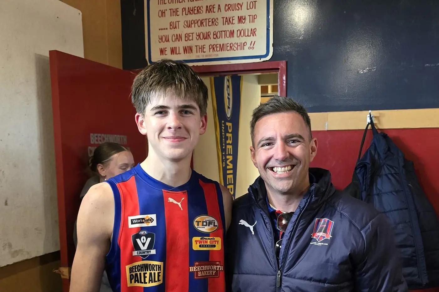 FIRST GAME SMILES: Tom Stefaniak (left) and coach Jack Neil after Beechworth\\'s win against Wodonga Sainst last Saturday, which saw Stefaniak finish with a goal on senior debut. PHOTO: BFNC