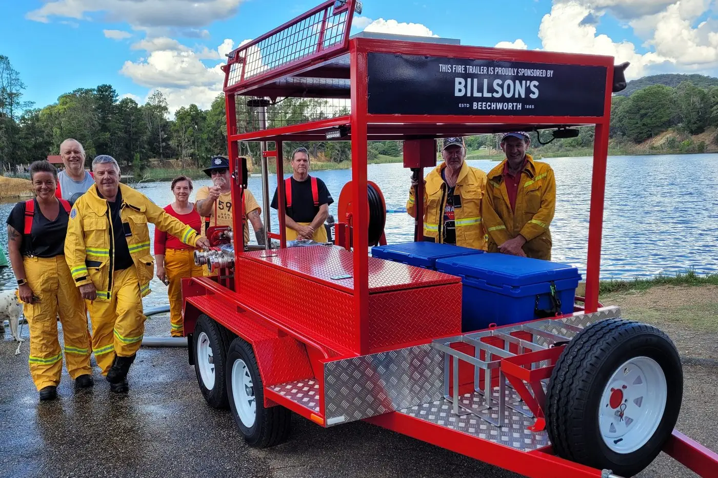 TRAINED UP: Beechworth CFA Rural Fire Brigade volunteers Sally Hayden (left), Russell James, Bret Lacey, Kelli Hicks, Pat Hayden, David Lang, Warwick Deuis and Captain Bruce Forrest at the training session with the new water pump trailer this week at Lake Sambell. PHOTO: Coral Cooksley