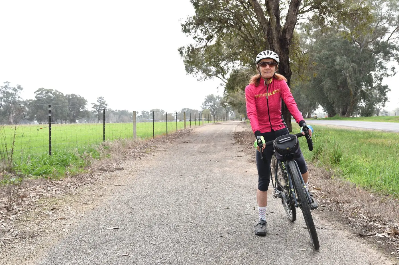 ON THE LOOKOUT: RoadSafe North East\\'s Anne Foord is among those taking extra care while cycling during magpie swooping season, wearing sunglasses to protect her eyes while riding the rail trail near Oxley. PHOTO: Kurt Hicklingng