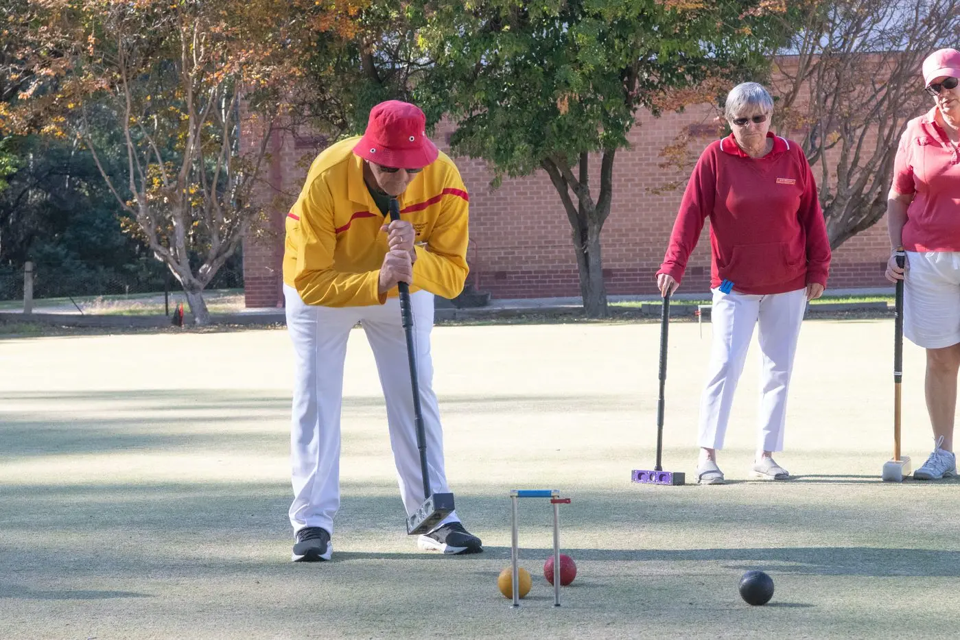 WINNERS SHOT: Frank Bonacci from Beechworth plays his shot in the North East croquet grand final match against Benalla, with Beechworth coming out winners seven games and 67 hoops to five games and 65 hoops. PHOTOS: Kurt Hickling