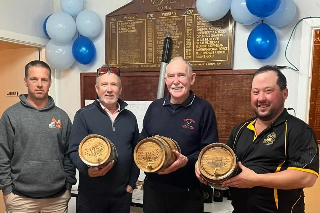 HAPPY DAYS: Winners of the Rutherglen Golf Club annual tournament, including Beechworth\\'s Dylan Pool show off their prizes. Pictured are Jay Mase (sponsor, left), Barry Mann B grade winner (Rutherglen), Leo McCoy C grade winner (Tarrawingee), Dylan Pool A grade winner (Beechworth)