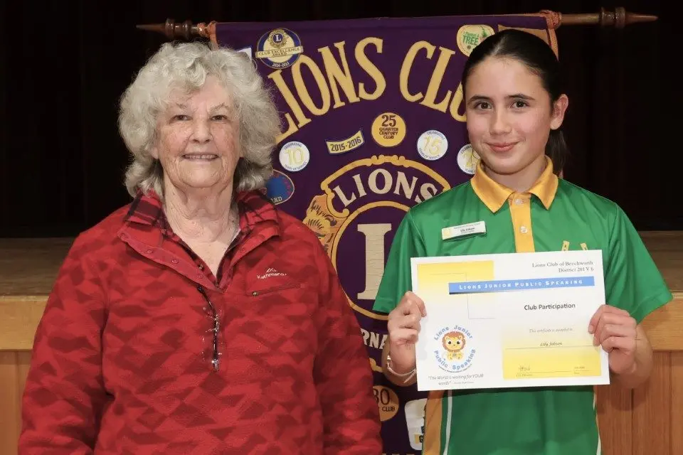 THRILLED: Lions\\u2019 judge Christine Luckman with Beechworth Primary School student Lily Dobson selected as the most outstanding speaker for the year 5 and 6 category in the Lions\\u2019 junior public speaking competition at club level on Saturday. PHOTO: Gary Coombe