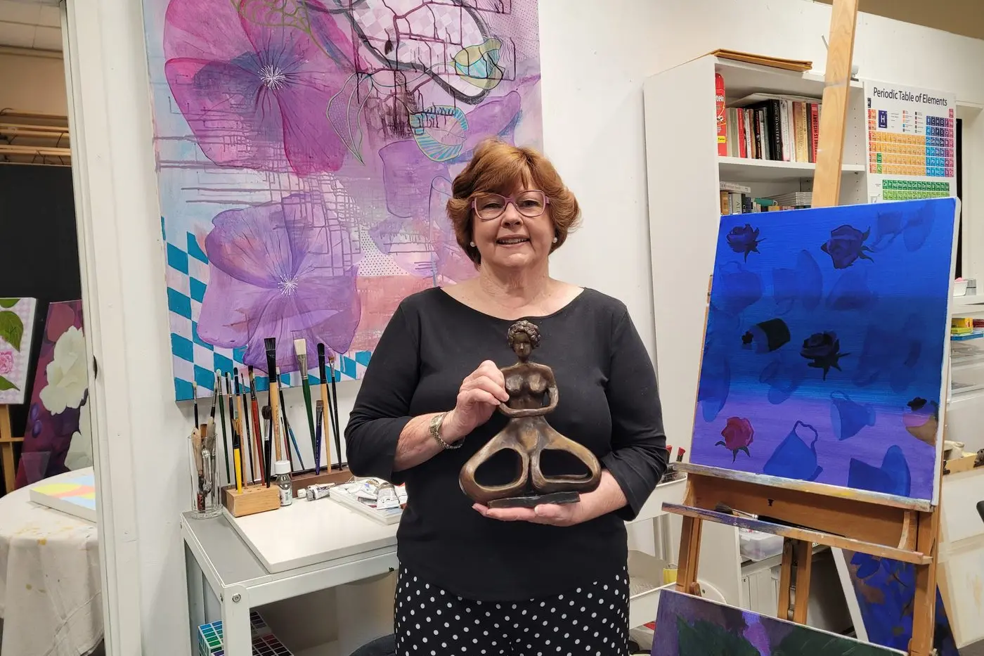 CREATIVE: Beechworth artist and sculptor Maureen Varnavsky with the \\u2018Goddess of old ladies\\u2019 in her studio. She will exhibit a number of artworks at the Art Gallery on Ovens in Wangaratta. PHOTO: Coral Cooksley