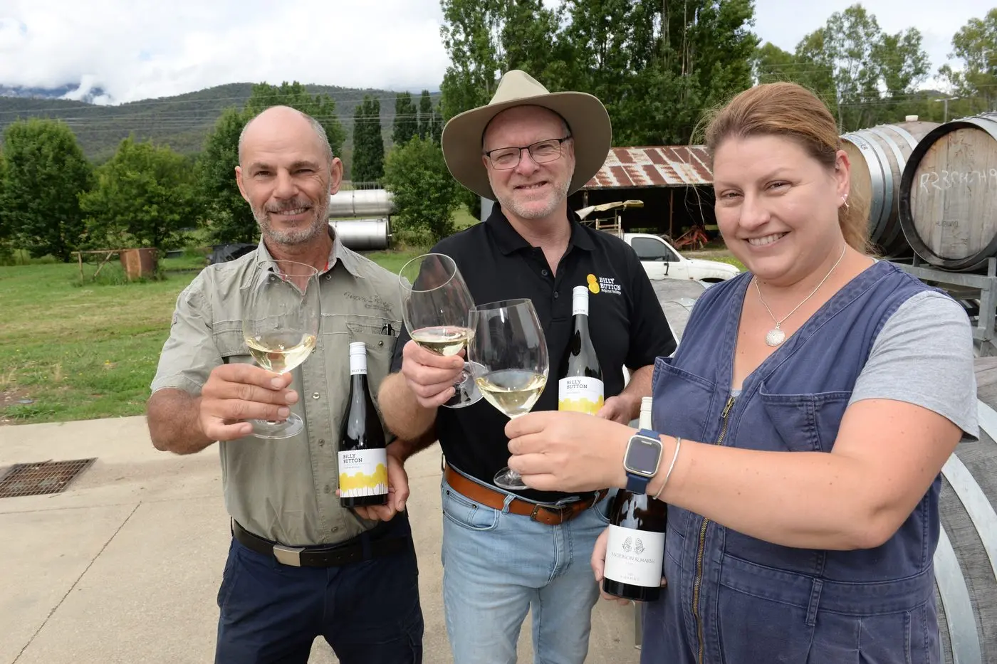 WINE CONNOISSEURS: (From left) Brian Lewis of Greenacres Vineyard, who won TAFCO Viticulturist of the Year at the North East Victorian Wine Challenge, with Billy Button Wines\\' chief winemaker and co-director Glenn James and senior winemaker Melissa Fettke, whose 2023 Pecorino won the TAFCO Wine of Show Trophy. PHOTO: Brodie Everist 