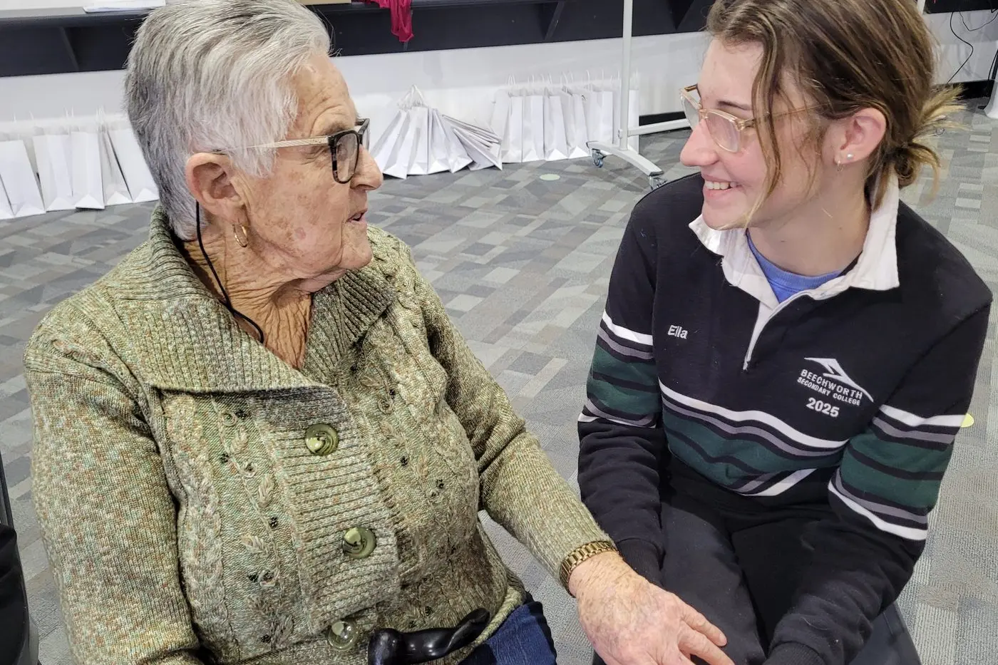 GREAT CONVERSATION: Beechworth Health Service aged care resident Lorraine Whitehead chats with Year 12 student Ella Rose at her first visit to Beechworth Secondary College. PHOTOS: Coral Cooksley