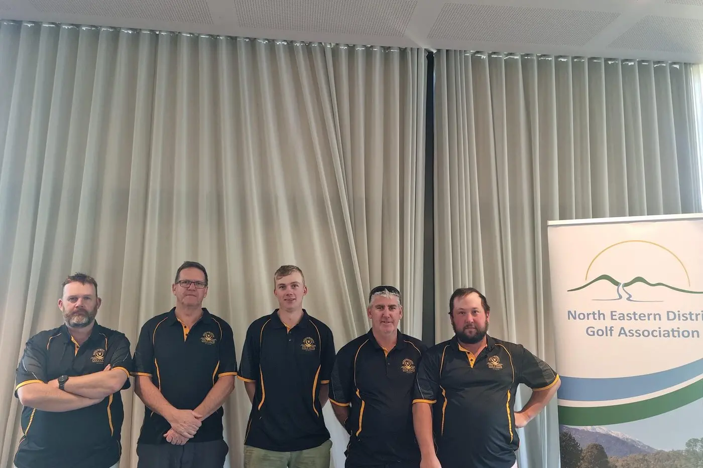 SO CLOSE: Beechworth Golf Club\\'s pennant one side Dean Howard, Dave Lang, Jacob Howard, Darren Edwards and Dylan Pool pushed the undefeated Thurgoona to the brink on Sunday but fell just short, going down 3&2 in the final at Mansfield. Id:41095