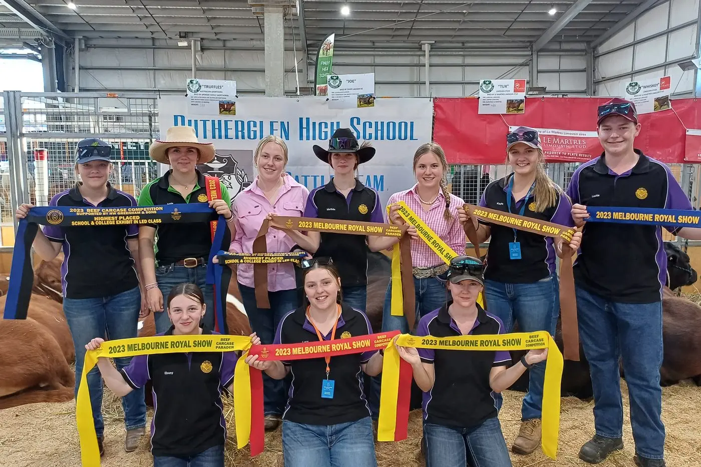 ALL SMILES: Rutherglen High School cattle handling team (back row, from left) Hannah Robbins, Annie Johnson, Nikita Larsen, Matilda Lewis, Jessi Davis, Kayla Horne, Lachlan Dunne and (front row, from left) Ebony Brunskill-Mills, Lucy Dunne and Georgie Kelly at this year\\u2019s Royal Melbourne Show.