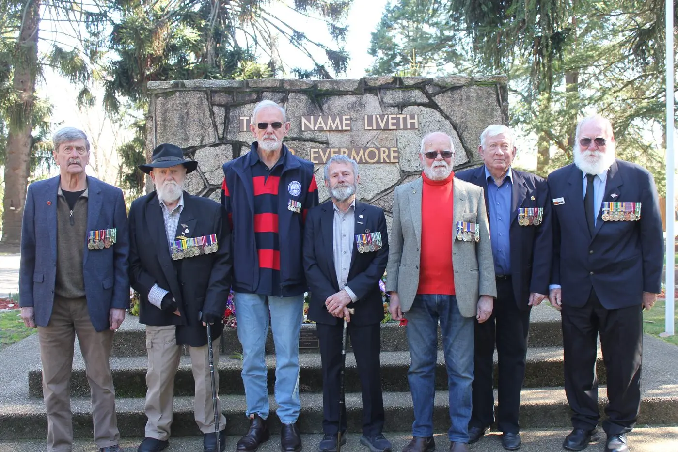 COMMEMORATED: Vietnam veterans Colin Trinnik (left) from Beechworth, Gary Waddell (Bright), Jim Dewar (Maryborough), Russell Ellet (Beechworth), Trevor Isherwood (Myrtleford) with Richard Sharp and Les Jordan from Mount Beauty at Monday\\u2019s commemoration in Beechworth. PHOTOS: Alison Williams
