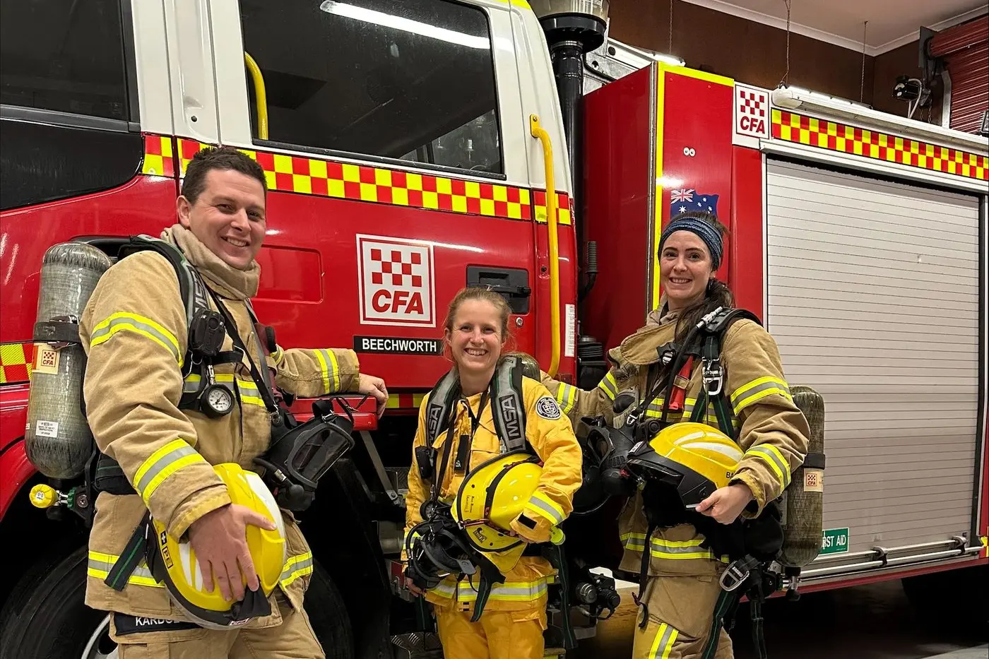 CHALLENGED: Beechworth Fire Brigade volunteers Josh Kardol, Jess Hercott and Hannah Hunt will on Saturday, 6 September take part in the Melbourne Firefighters\\u2019 28-floor stair climb to raise funds for cancer research and crisis support. PHOTO: Beechworth Fire Brigade.