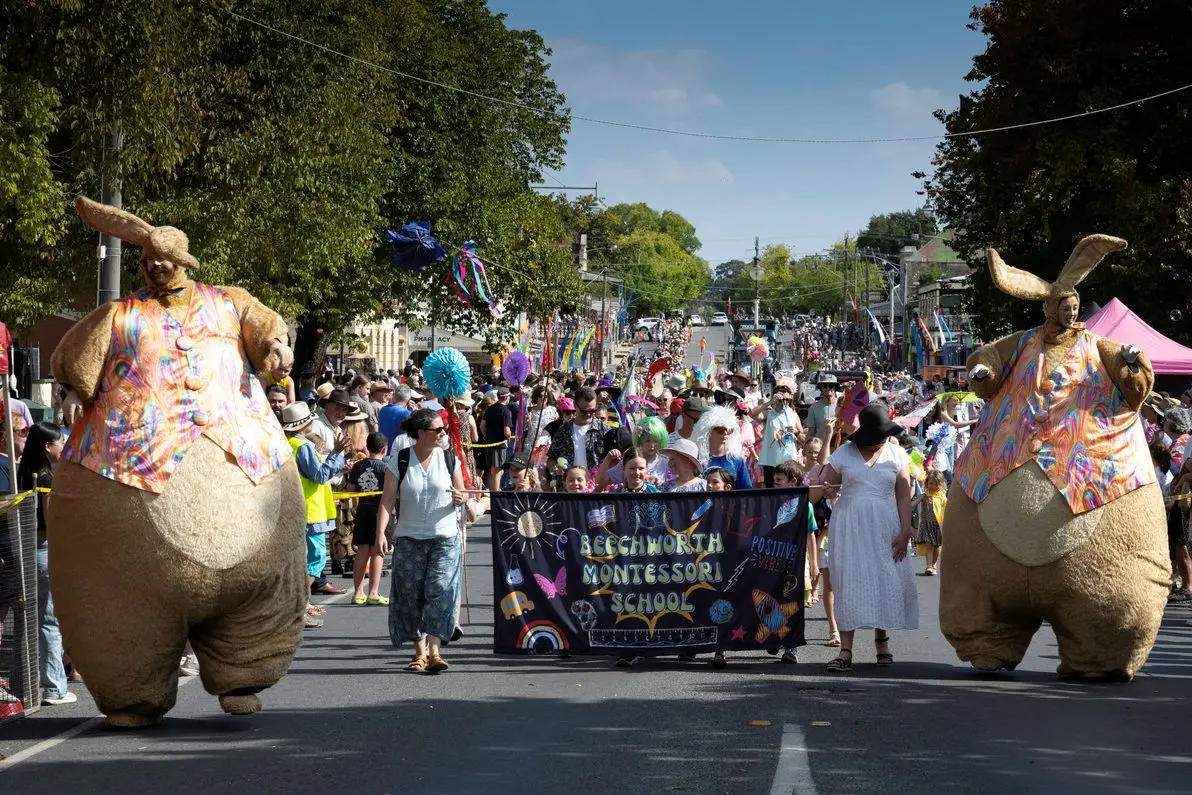 AN EASTER TRADITION: An estimated 14,000 people packed to the streets of Beechworth last weekend for the Golden Horseshoe Festival. Headlined by the parade on Saturday which included the Beechworth Montessori School (pictured), the festival had activities and entertainment for everyone. PHOTOS: Trevor Ierino.