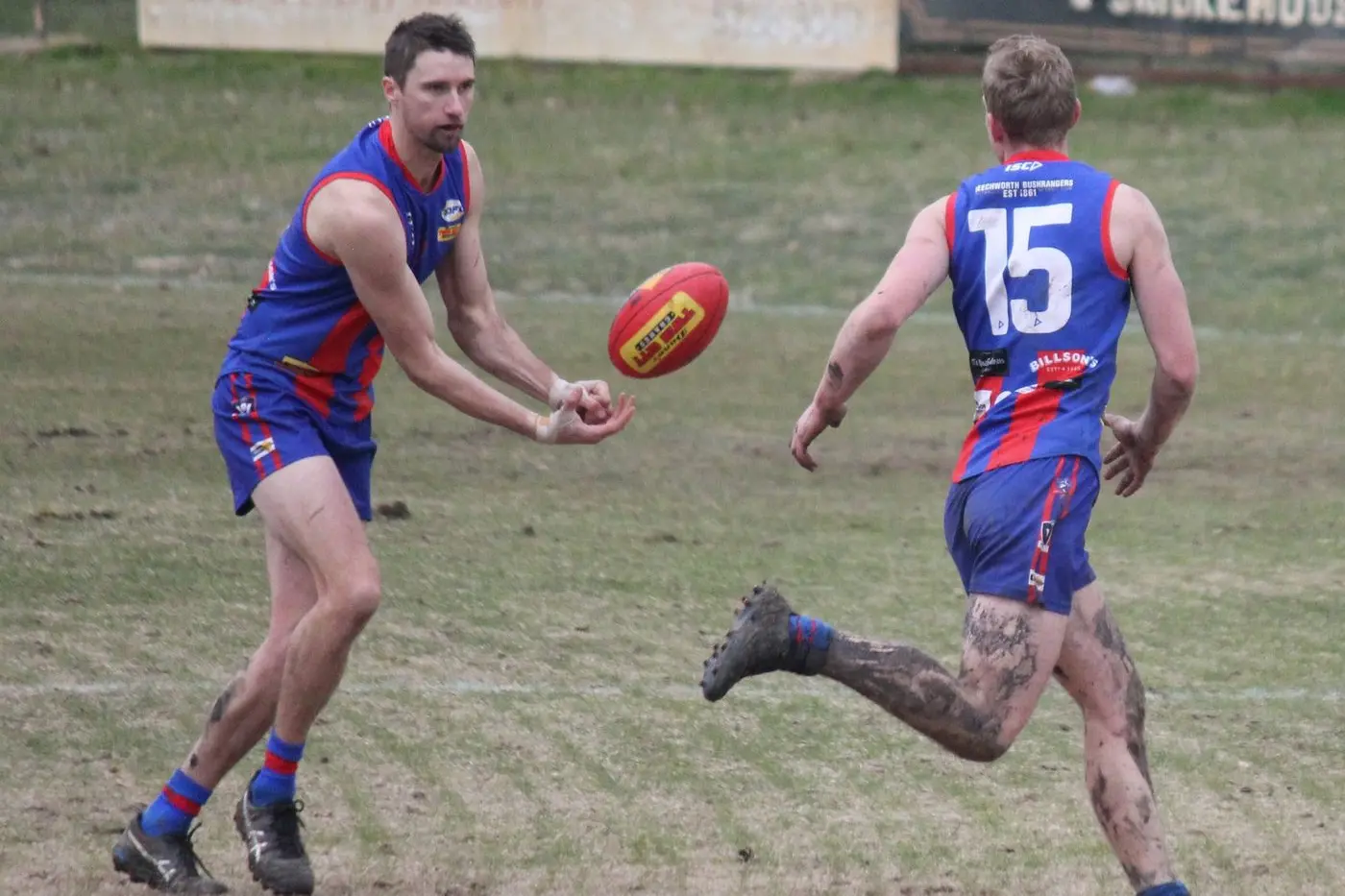 QUICK HANDS: Finn Jakobsson sweeps around for the handball as the Bushrangers ready themselves for a top of the table clash with Yackandandah tomorrow at Baarmutha Park.