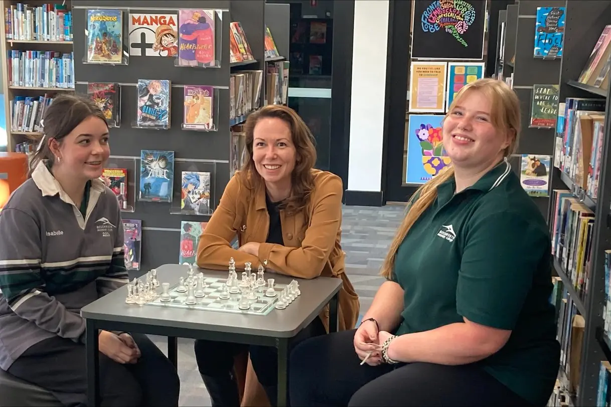 BUILDING BLOCKS: Beechworth Secondary School captains Isabelle Noble and Samara Bright with Northern Victoria MP Jaclyn Symes (centre) after the school received $6.4m in funding for the completion of a new hospitality and general classroom building.