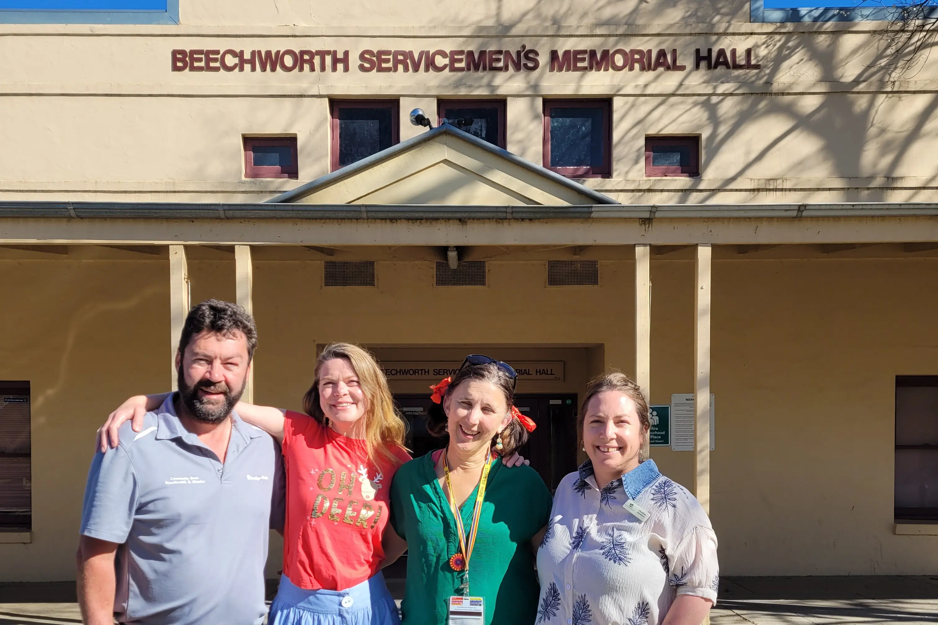<p>COMMUNITY PASSION: Bendigo Bank - Community Bank Beechworth & District Board chair Ben Merritt, Indigo Shire Council community development officer Kate O\\u2019Toole, BHS health promotion officer Bernadette McCann and Quercus Beechworth operations coordinator Heather Jameson at the local Soldiers\\u2019 Memorial Hall where the community Christmas lunch will take place. PHOTO: Coral Cooksley</p>\\n
