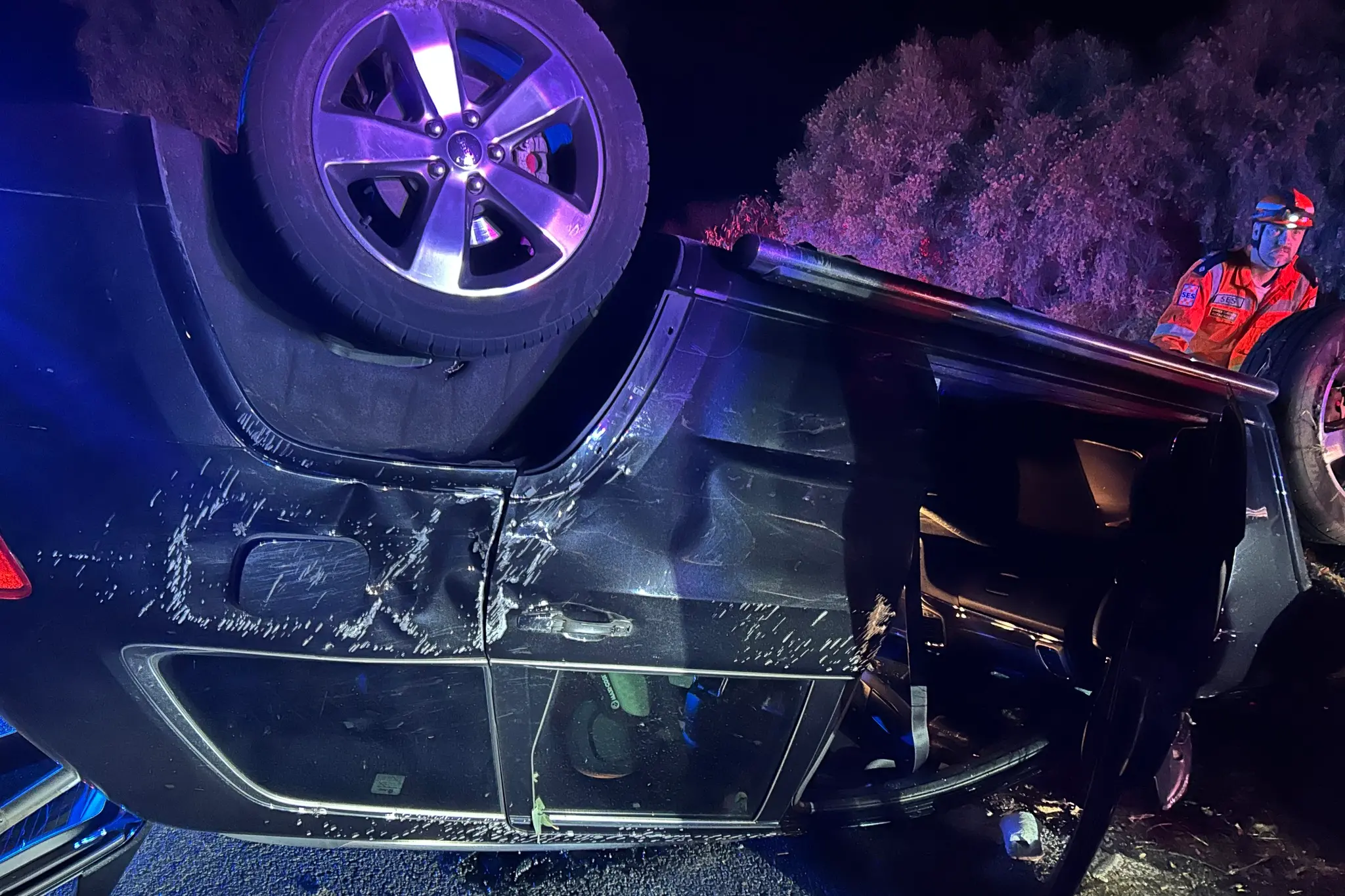 <p>UPSIDE DOWN: Three occupants of this car, including a toddler, escaped serious injury after a rollover near Lilliput on Friday night. PHOTO: Victoria Police</p>\\n