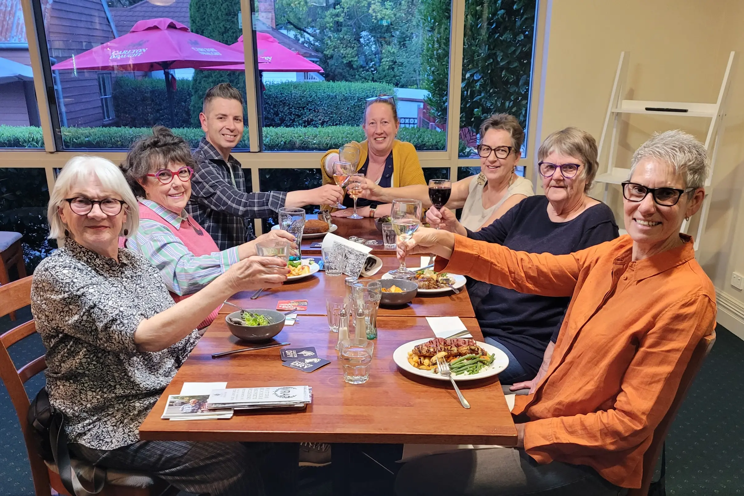 <p>CHEERS TO 50 YEARS: Beechworth Arts Council members Estelle Patterson (left), Kay Hampton, Matt Kinsey, Tania Sutton, Ali Rowe, Chris Dormer (president) and Judy Hawking Burnett gathered over dinner for the last event. PHOTO: Coral Cooksley</p>\\n