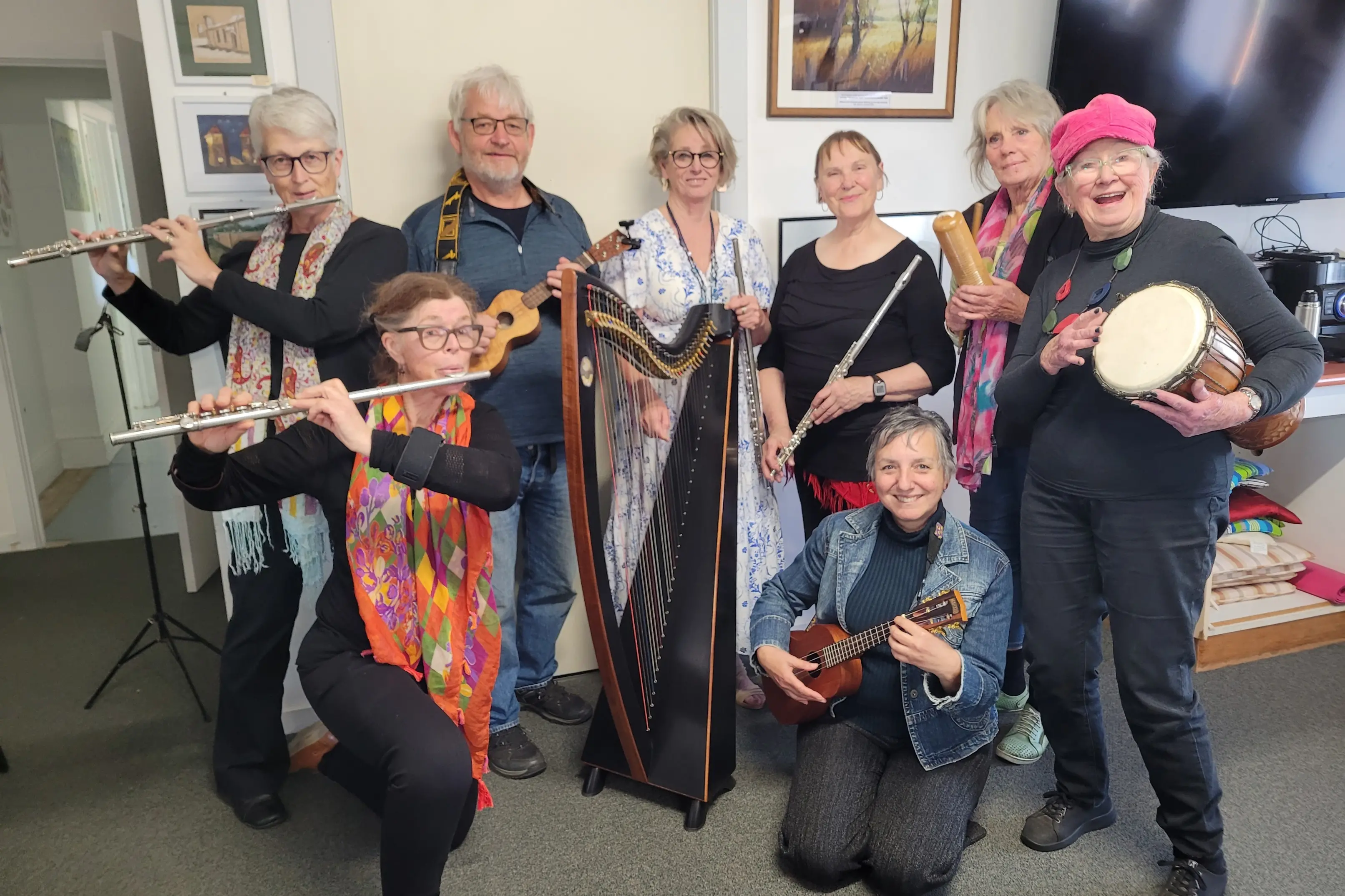 <p>TUNED IN: Musicians Jane Fowler (back left), Bernie Jovaras, Sharon Emmett, Olga Evans and Chris Penny with Wendy McKay-Taylor (front left), Catherine Rinaudo and Jill Keith had a great time at the Indigo U3A soiree. PHOTOS: Coral Cooksley</p>\\n