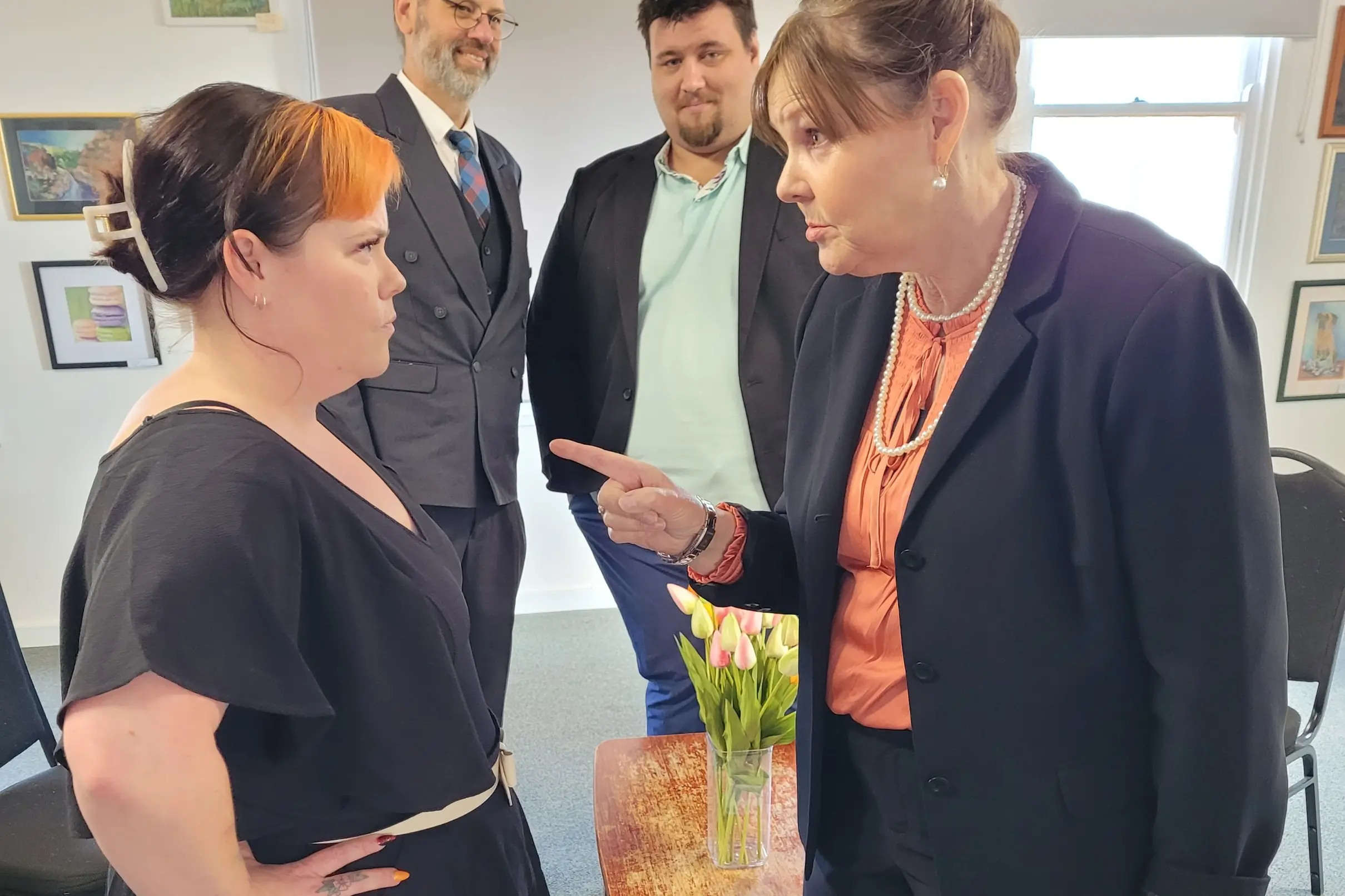 <p>STAND OFF: Actors Linda Terry (left) and Julie Groth with Shane Tompkins (back left) and Sean Watson in rehearsals for Beechworth Theatre Company\\u2019s performance of God of Carnage. PHOTO: Coral Cooksley</p>\\n