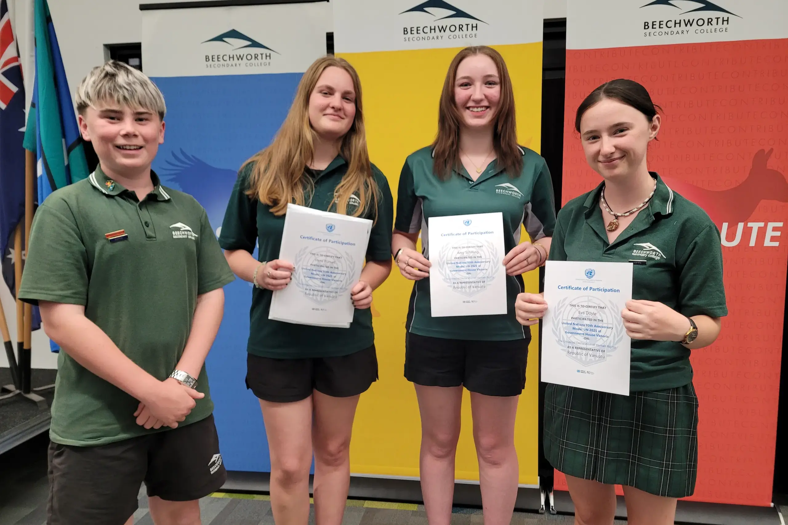 <p>THRILLED: Straun Richer (left), Irena Purcell, Amy Schilling and Eva Doyle took part in a special Model UN event held at Government House to mark the 80th anniversary of the United Nations Charter of Human Rights. PHOTO: Coral Cooksley</p>\\n
