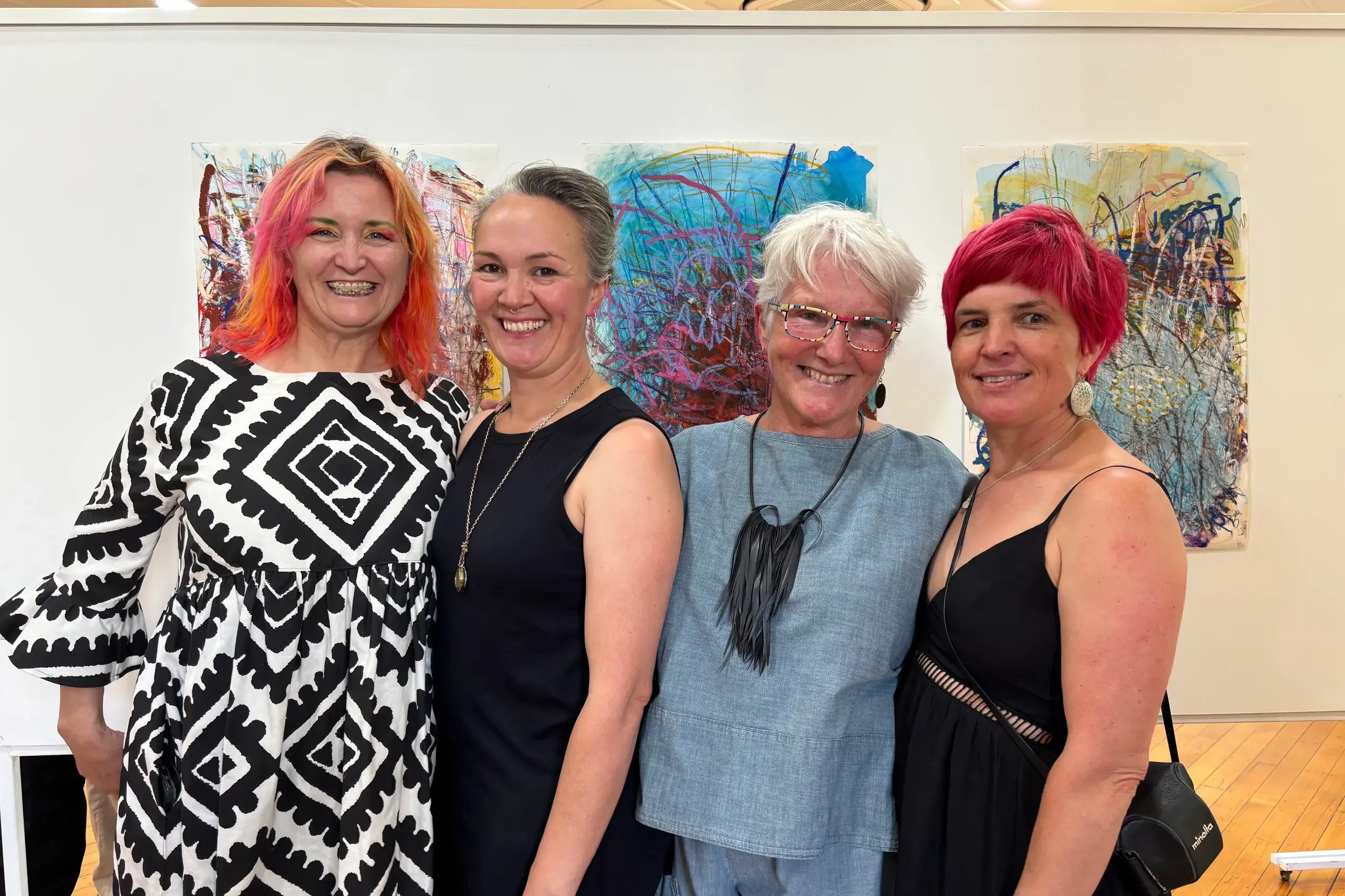 <p>CREATIVE: Janet\\u2019s family members niece Barb Livingstone (left), daughter Phillipa Kilgour Janet Sutherland and daughter Katie Kilgour at the pop-art exhibition last weekend. PHOTOS: Mary-Rose Riley.</p>\\n