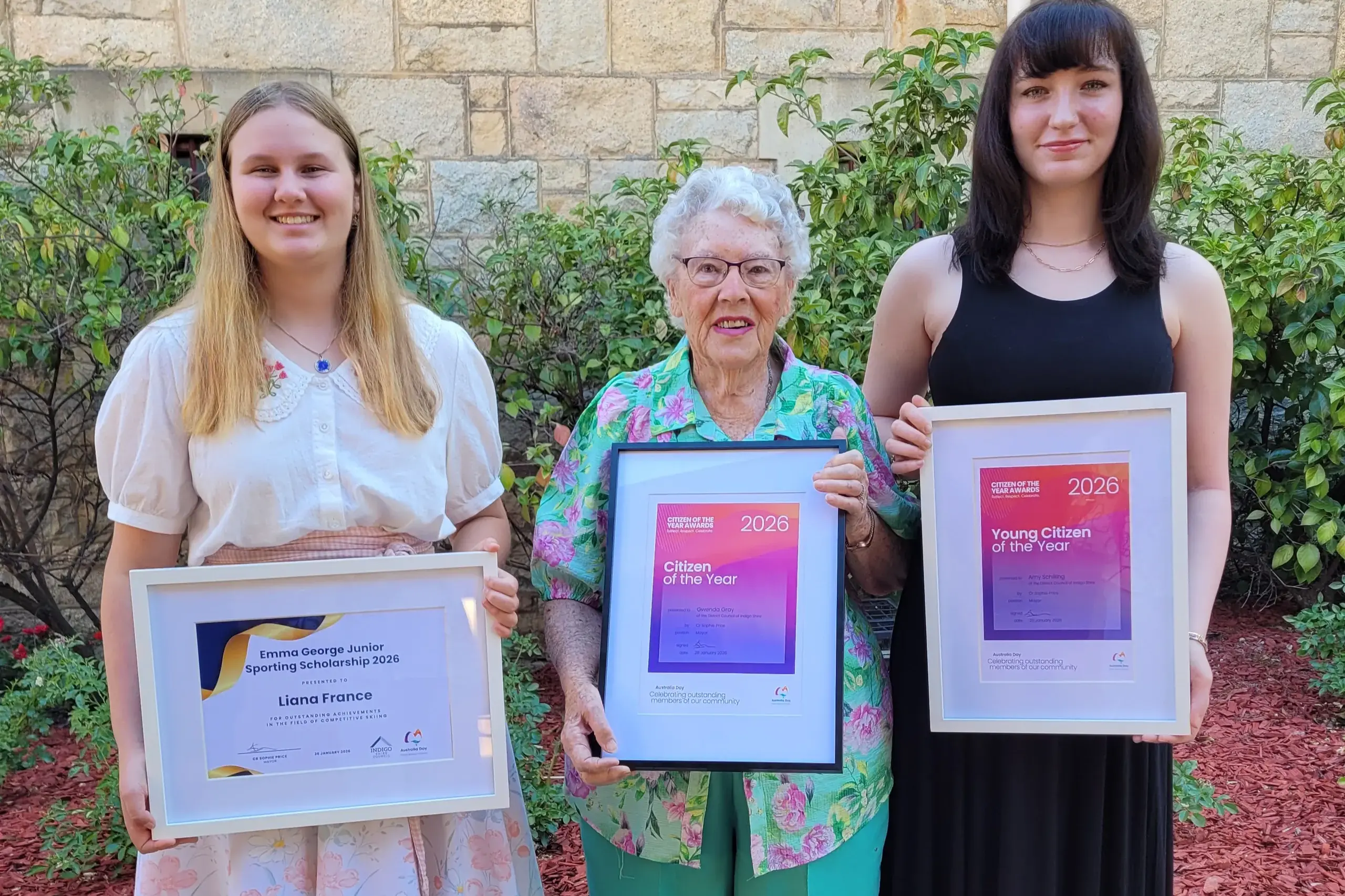 <p>SHIRE STANDOUTS: Award recipients Nikita France (left) accepted her sister Liana\\u2019s award, Gwen Gray OAM and Amy Schilling after their special presentations on Monday. </p>\\n