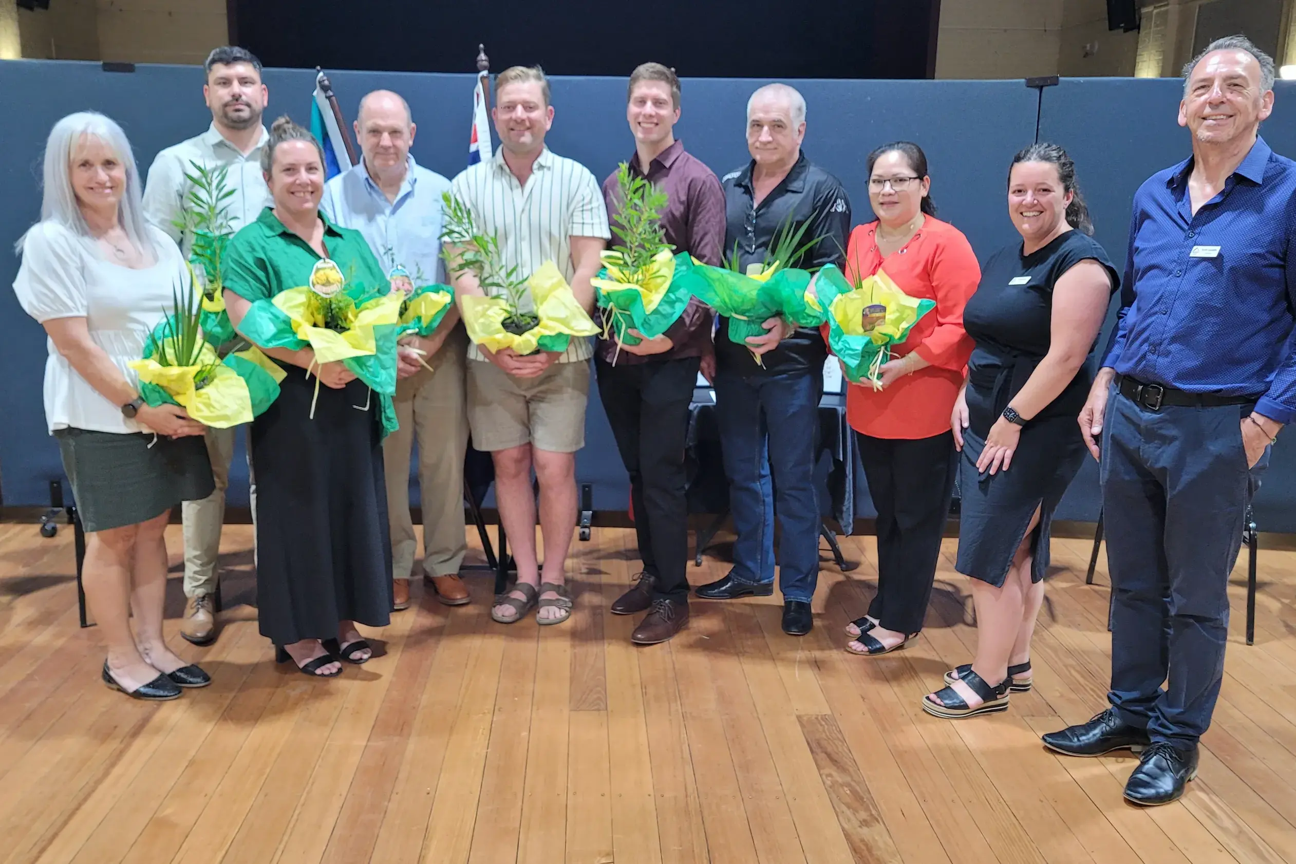 <p>SPECIAL DAY: New Australian citizens Tania Russell (left), Alexander Taras, Heather Jameson, Philip Fraser, Ernest Macdougall, Daniel Bayliss, Gregory Hunt, Rubie Milthorpe with Shire mayor Sophie Price and Cr Scott Landells at last week\\u2019s citizenship ceremony. PHOTO: Coral Cooksley</p>\\n
