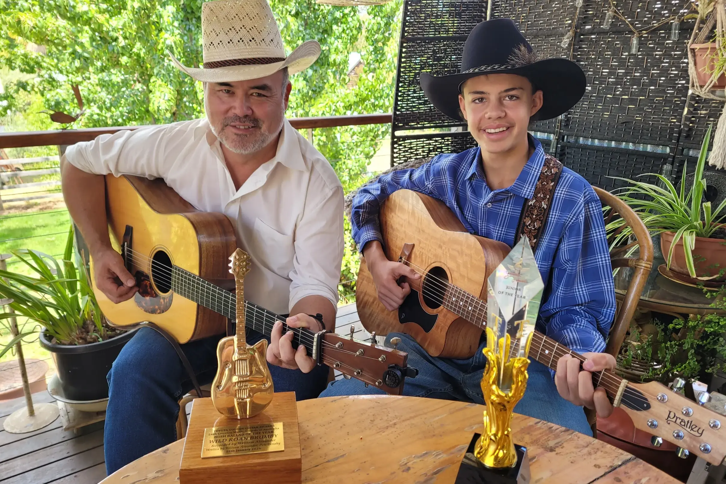 <p>COUNTRY MUSIC PASSION: Yackandandah\\u2019s Pete Denahy (left) and Staghorn Flat\\u2019s Jack Gregory with their trophy awards clinched at the Tamworth Country Musical Festival. PHOTO: Coral Cooksley</p>\\n
