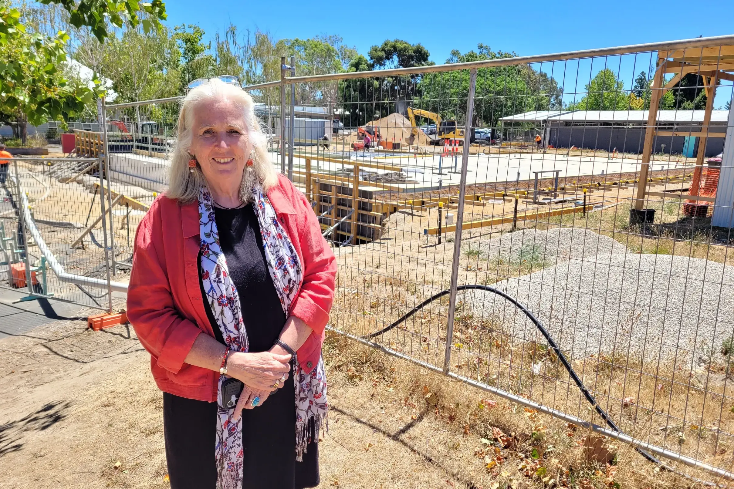 <p>ELATED: Beechworth Secondary College principal Patricia Broom in front of works for the new building to house hospitality and cooking classes. PHOTO: Coral Cooksley</p>\\n