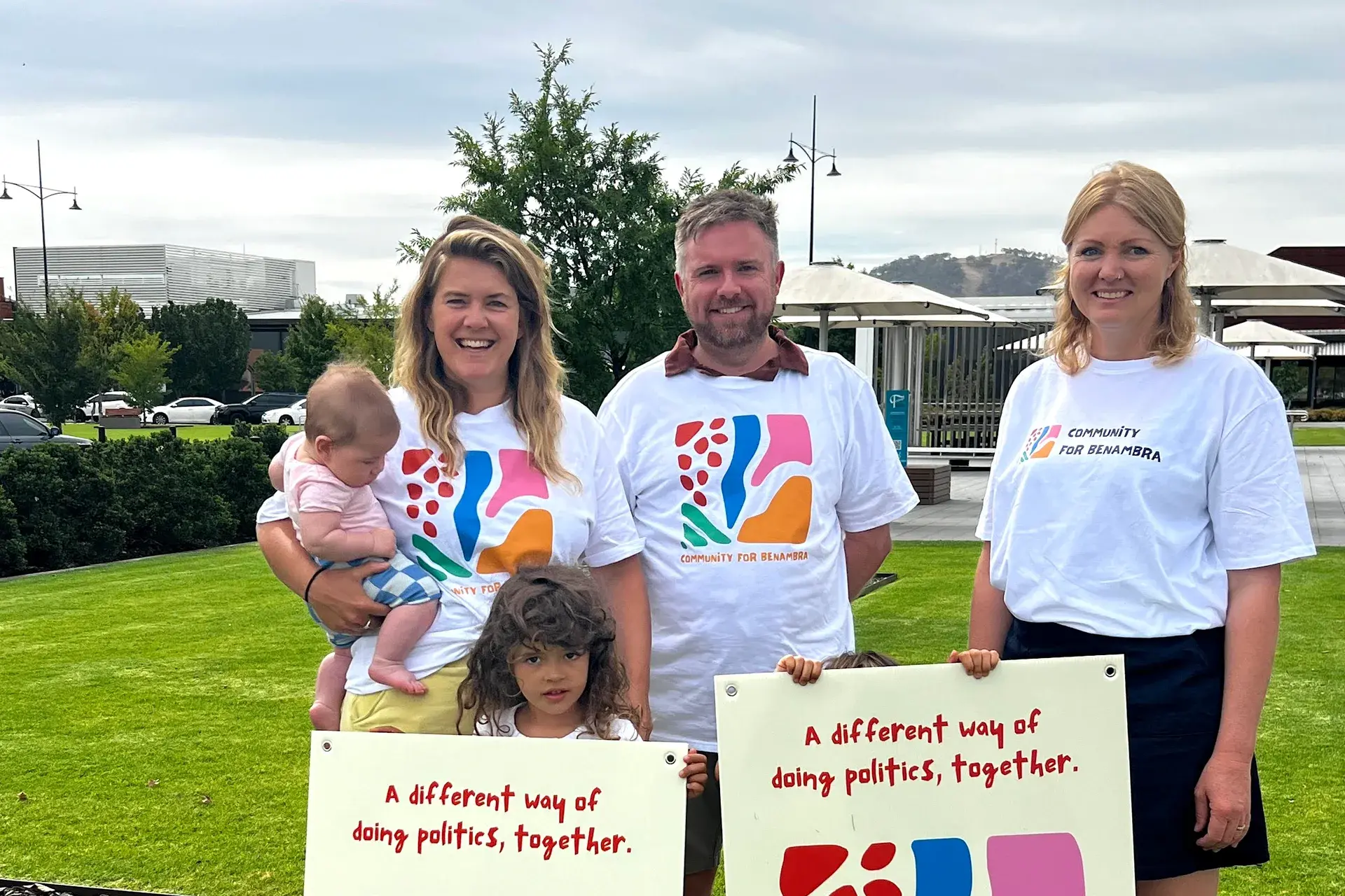 <p>ENCOURAGING CHANGE: Community for Benambra representatives Maggie McGowan (baby Aldous McGowan), Dom Somers, Alex Nelson, Mabel McGowan, and Percy McGowan (feet).</p>\\n