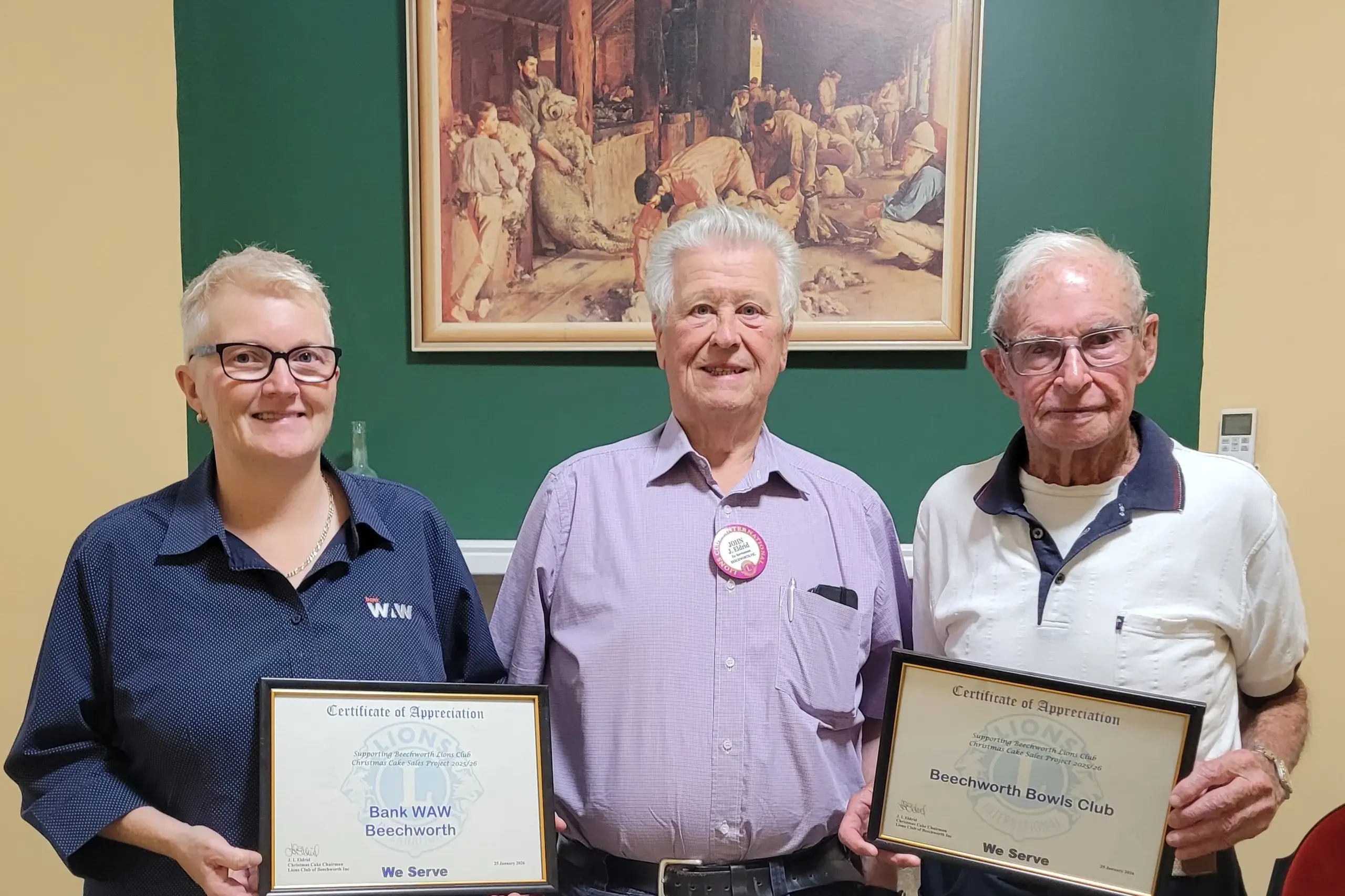 <p>GREAT SUPPORT: Beechworth BankWAW business and development officer Fiona Pringle, local Lions Club president John Eldrid and Beechworth Lions Club life member Graeme Smart at the recent presentation. </p>\\n