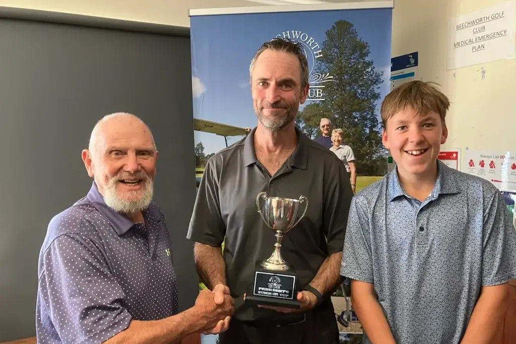 <p>TRIPLE A EFFORT: (From left) Andy Croome congratulating the Summer Cup winner Andrew Field alongside runner up Alastair Merritt. </p>\\n
